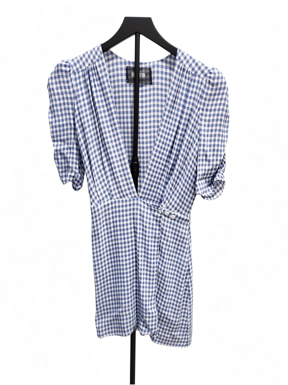 Reformation Blue and White Gingham Wrap Mini Dress